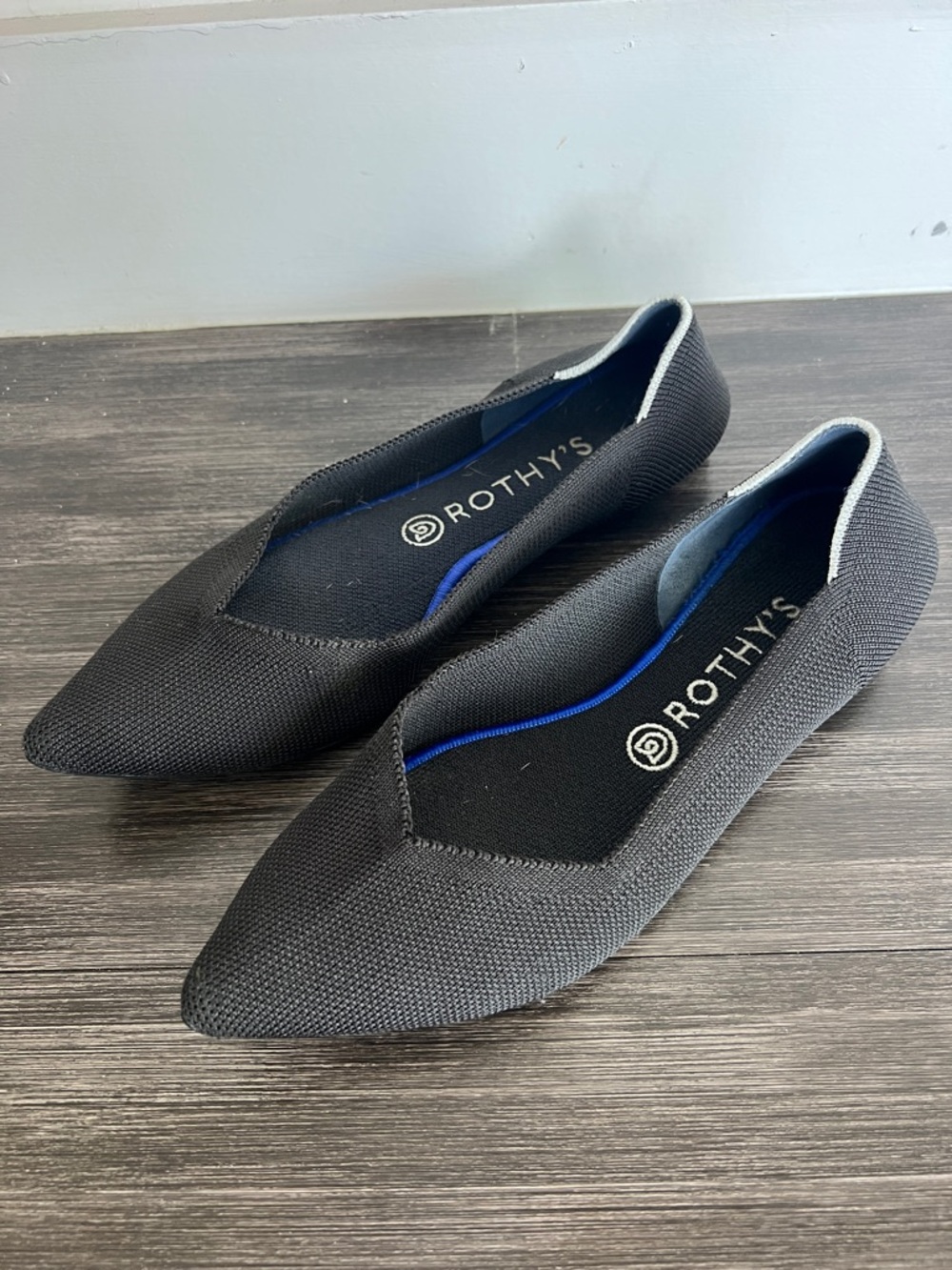 Rothy's Black Pointed Knit Flats with Blue Insole Trim - Picture 11 of 11